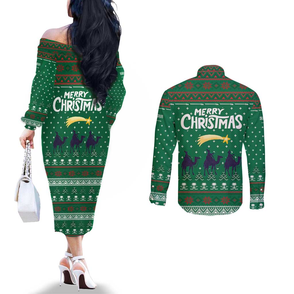 Saudi Arabia Christmas Couples Matching Off The Shoulder Long Sleeve Dress and Long Sleeve Button Shirt with Green Pattern, Traditional Script Motif, and Camel Caravan Silhouette - Wonder Print Shop