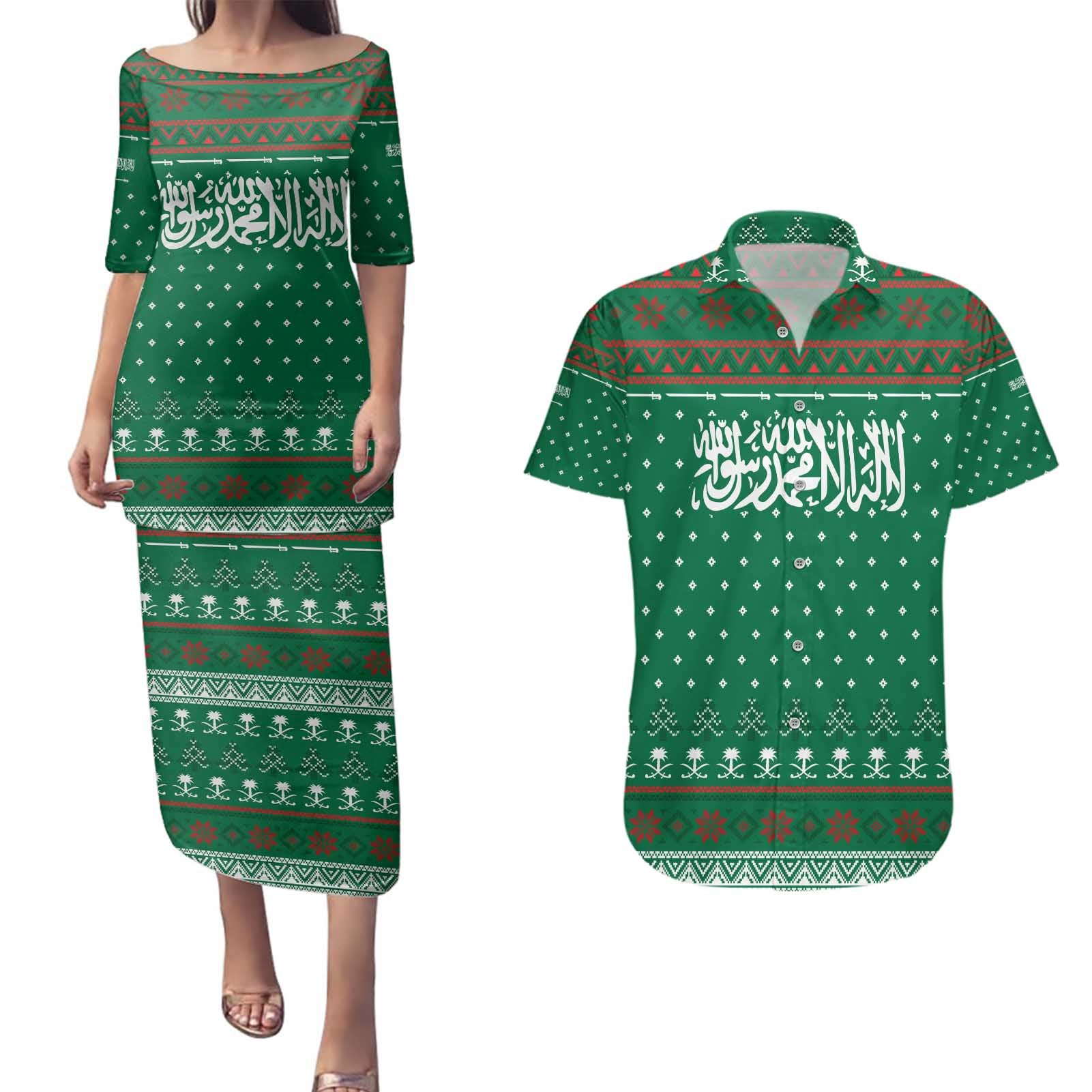 Saudi Arabia Christmas Couples Matching Puletasi and Hawaiian Shirt with Green Pattern, Traditional Script Motif, and Camel Caravan Silhouette - Wonder Print Shop