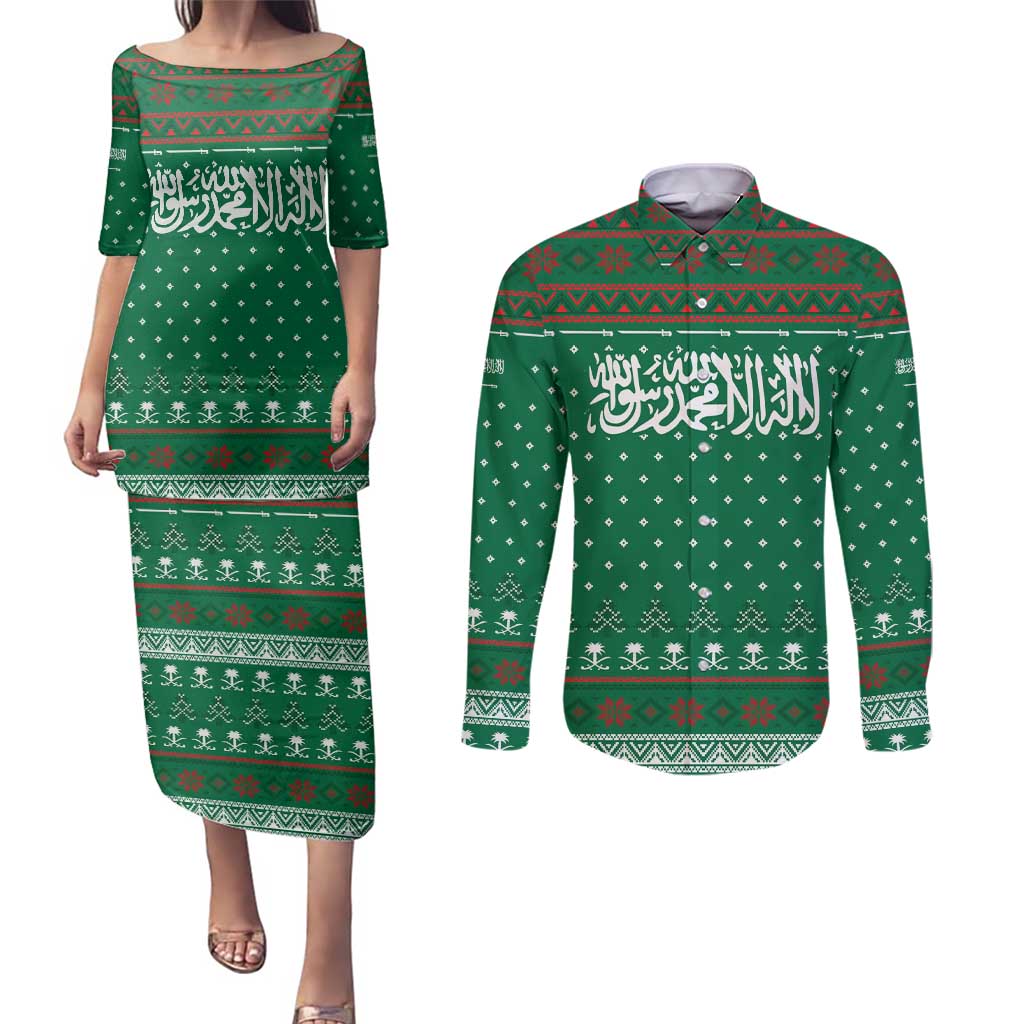 Saudi Arabia Christmas Couples Matching Puletasi and Long Sleeve Button Shirt with Green Pattern, Traditional Script Motif, and Camel Caravan Silhouette - Wonder Print Shop