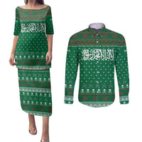 Saudi Arabia Christmas Couples Matching Puletasi and Long Sleeve Button Shirt with Green Pattern, Traditional Script Motif, and Camel Caravan Silhouette - Wonder Print Shop