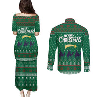 Saudi Arabia Christmas Couples Matching Puletasi and Long Sleeve Button Shirt with Green Pattern, Traditional Script Motif, and Camel Caravan Silhouette - Wonder Print Shop