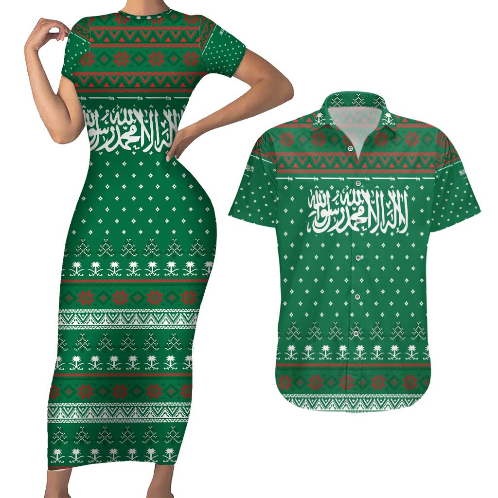 Saudi Arabia Christmas Couples Matching Short Sleeve Bodycon Dress and Hawaiian Shirt with Green Pattern, Traditional Script Motif, and Camel Caravan Silhouette - Wonder Print Shop