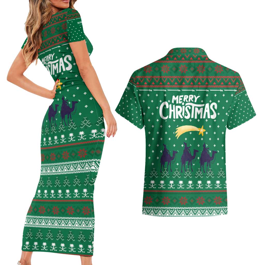 Saudi Arabia Christmas Couples Matching Short Sleeve Bodycon Dress and Hawaiian Shirt with Green Pattern, Traditional Script Motif, and Camel Caravan Silhouette - Wonder Print Shop