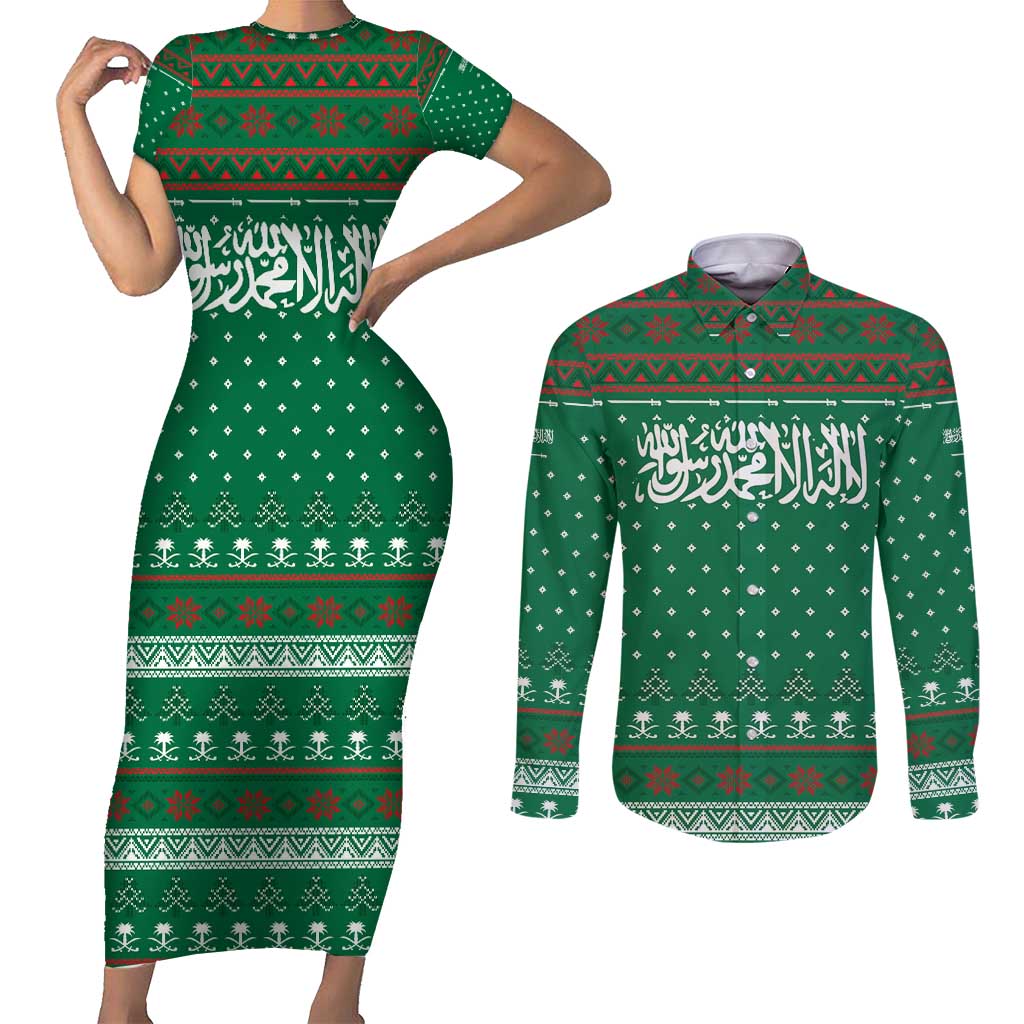 Saudi Arabia Christmas Couples Matching Short Sleeve Bodycon Dress and Long Sleeve Button Shirt with Green Pattern, Traditional Script Motif, and Camel Caravan Silhouette - Wonder Print Shop
