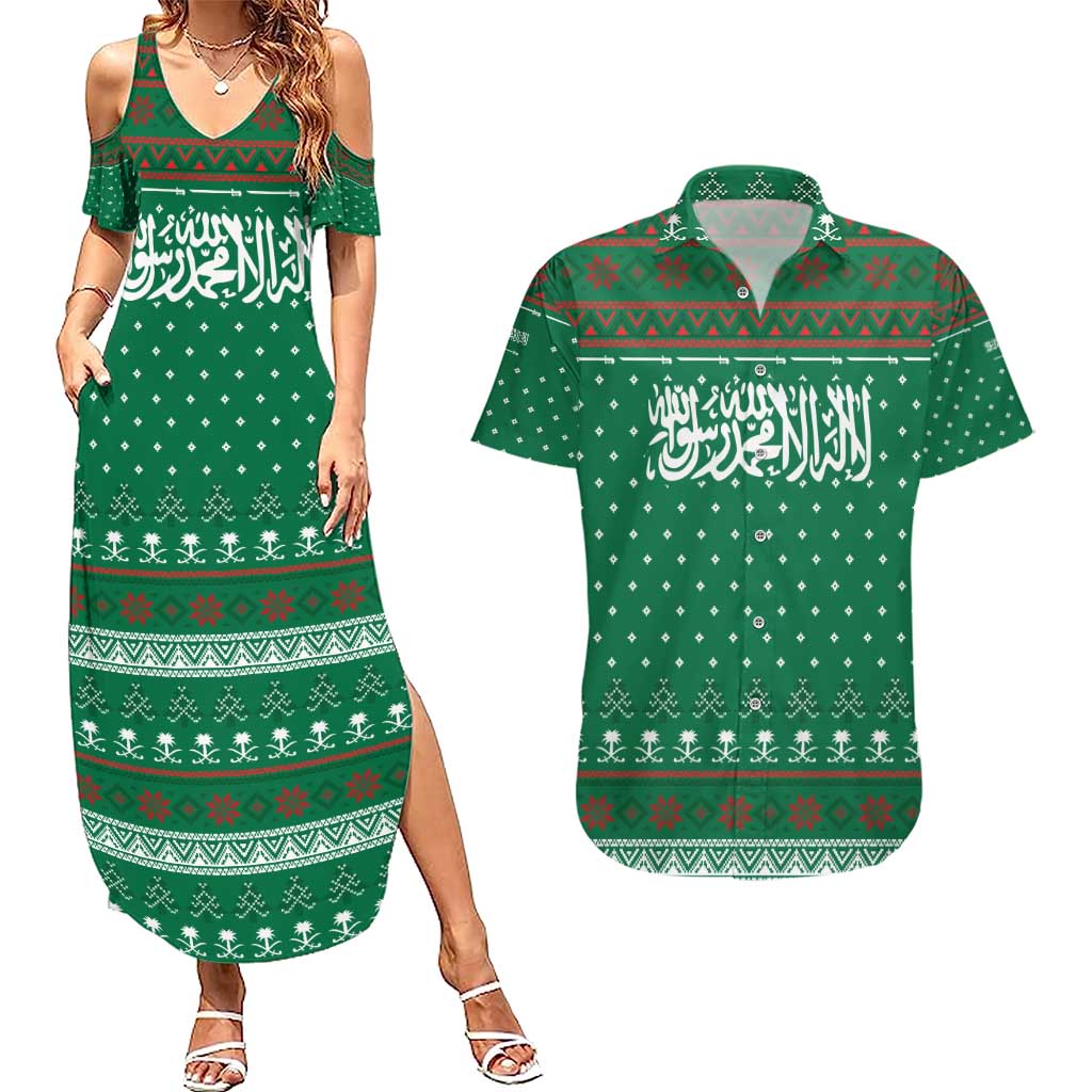 Saudi Arabia Christmas Couples Matching Summer Maxi Dress and Hawaiian Shirt with Green Pattern, Traditional Script Motif, and Camel Caravan Silhouette - Wonder Print Shop