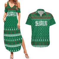 Saudi Arabia Christmas Couples Matching Summer Maxi Dress and Hawaiian Shirt with Green Pattern, Traditional Script Motif, and Camel Caravan Silhouette - Wonder Print Shop