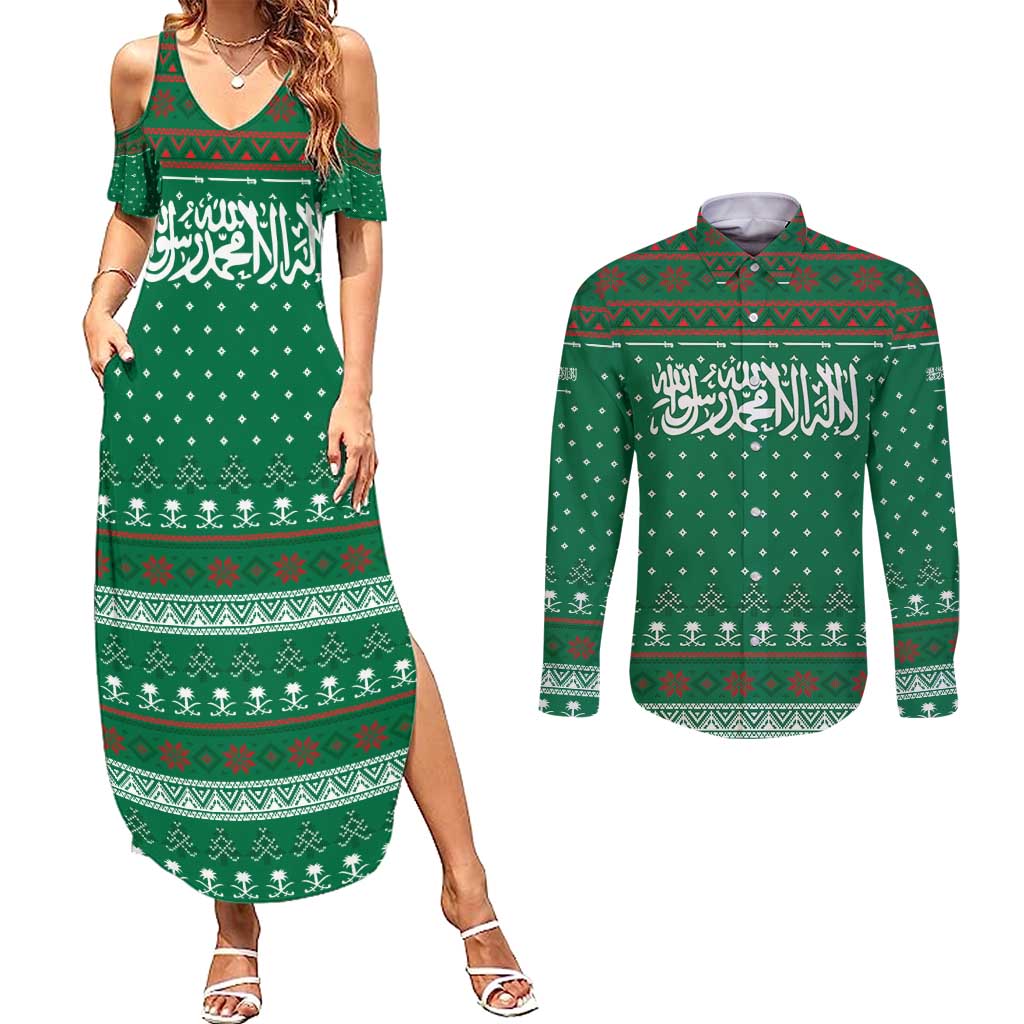 Saudi Arabia Christmas Couples Matching Summer Maxi Dress and Long Sleeve Button Shirt with Green Pattern, Traditional Script Motif, and Camel Caravan Silhouette - Wonder Print Shop