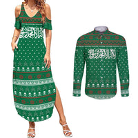 Saudi Arabia Christmas Couples Matching Summer Maxi Dress and Long Sleeve Button Shirt with Green Pattern, Traditional Script Motif, and Camel Caravan Silhouette - Wonder Print Shop