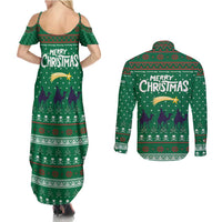 Saudi Arabia Christmas Couples Matching Summer Maxi Dress and Long Sleeve Button Shirt with Green Pattern, Traditional Script Motif, and Camel Caravan Silhouette - Wonder Print Shop