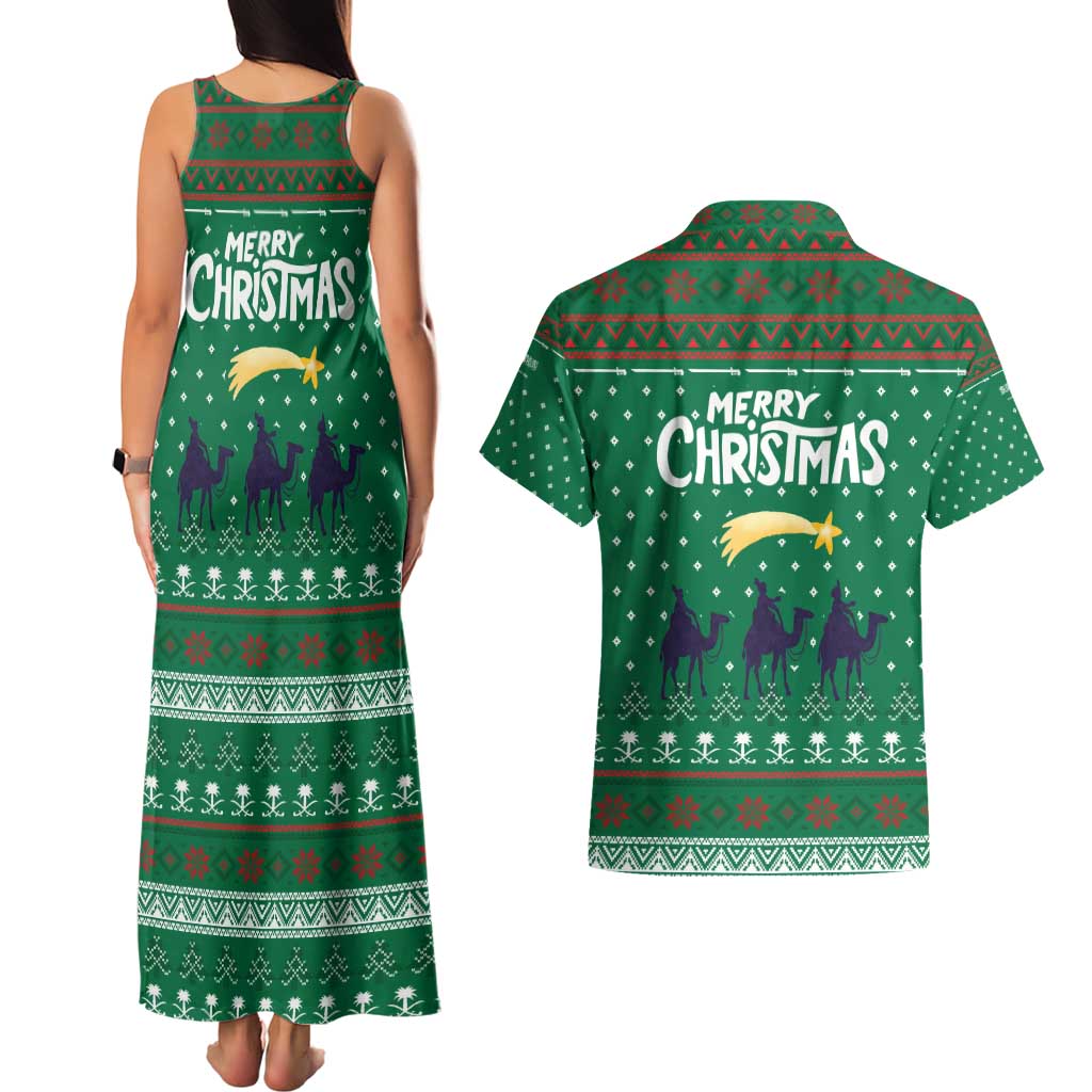 Saudi Arabia Christmas Couples Matching Tank Maxi Dress and Hawaiian Shirt with Green Pattern, Traditional Script Motif, and Camel Caravan Silhouette - Wonder Print Shop