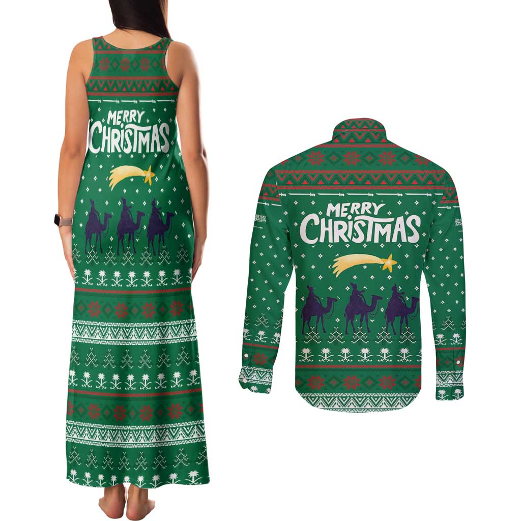 Saudi Arabia Christmas Couples Matching Tank Maxi Dress and Long Sleeve Button Shirt with Green Pattern, Traditional Script Motif, and Camel Caravan Silhouette - Wonder Print Shop