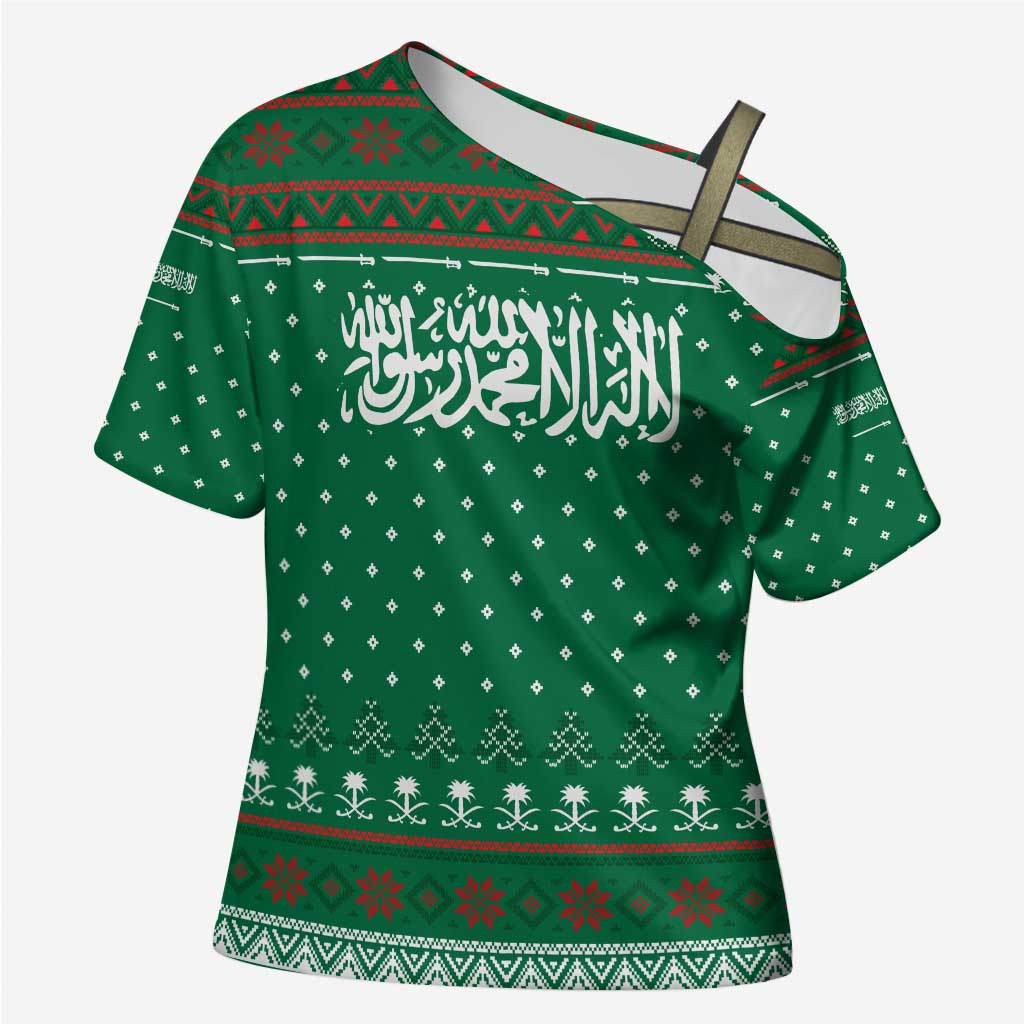 Saudi Arabia Christmas Cross Shoulder Shirt with Green Pattern, Traditional Script Motif, and Camel Caravan Silhouette - Wonder Print Shop
