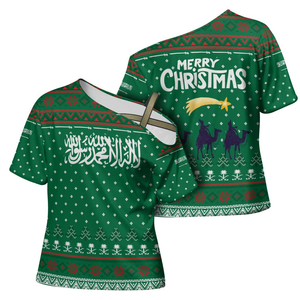 Saudi Arabia Christmas Cross Shoulder Shirt with Green Pattern, Traditional Script Motif, and Camel Caravan Silhouette - Wonder Print Shop