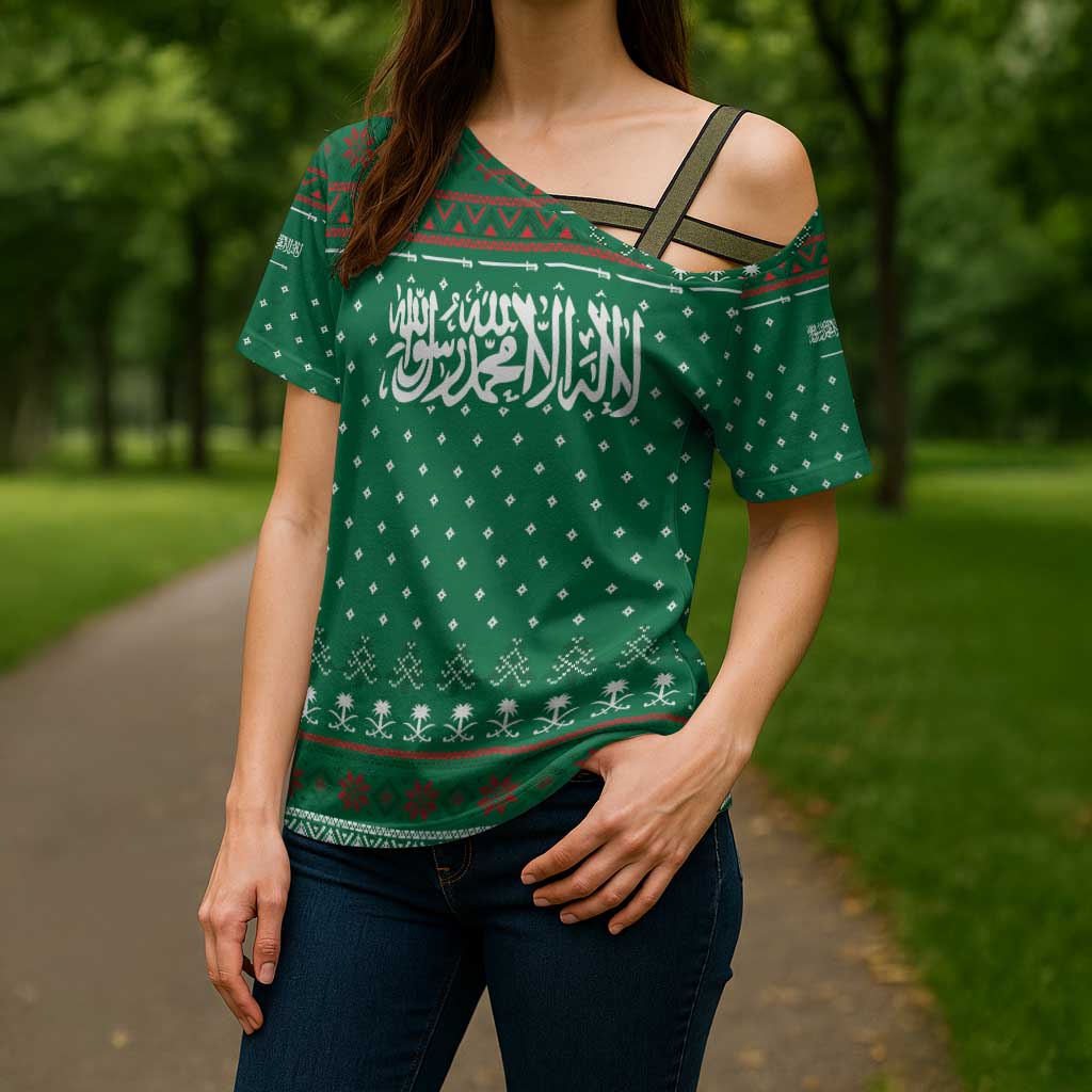Saudi Arabia Christmas Cross Shoulder Shirt with Green Pattern, Traditional Script Motif, and Camel Caravan Silhouette - Wonder Print Shop