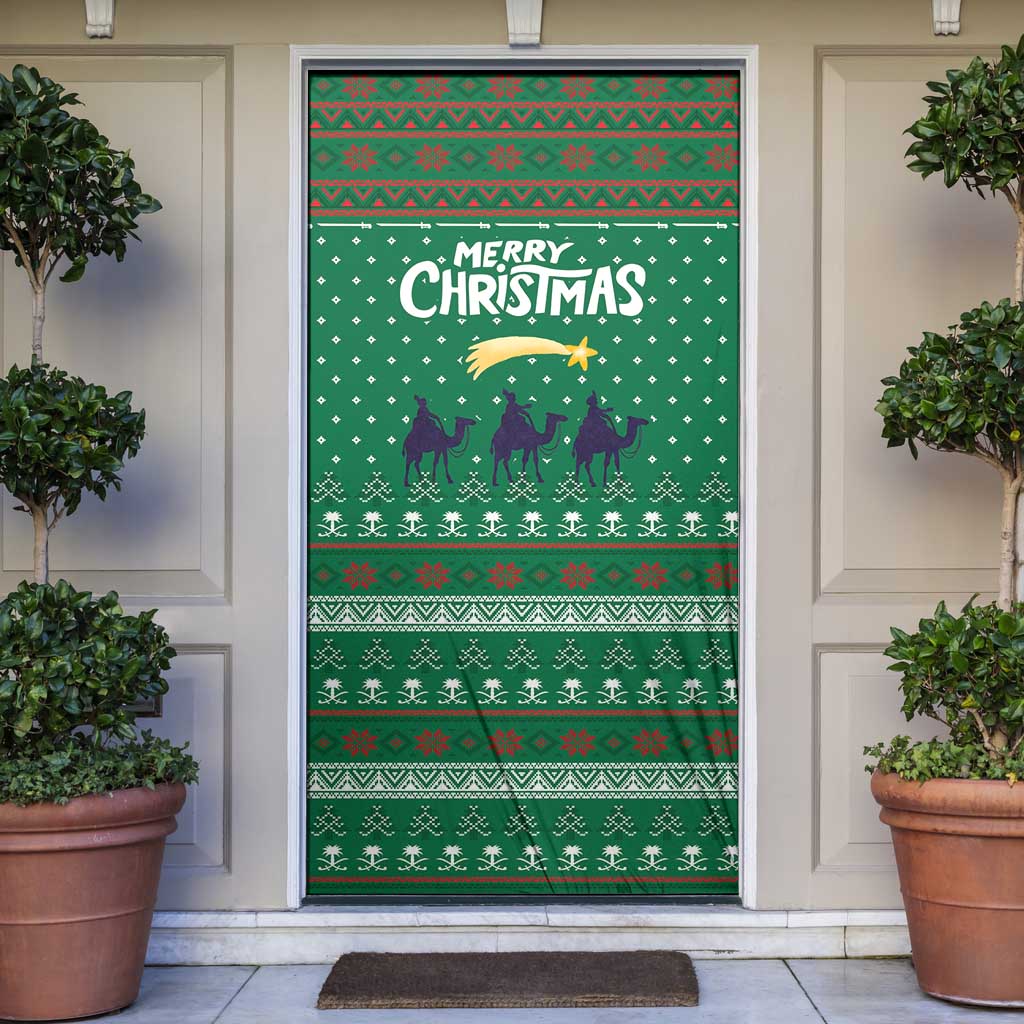 Saudi Arabia Christmas Door Cover with Green Pattern, Traditional Script Motif, and Camel Caravan Silhouette - Wonder Print Shop