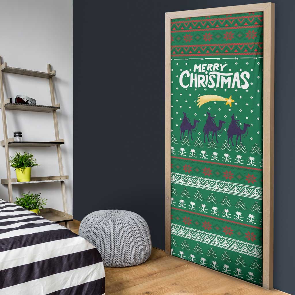 Saudi Arabia Christmas Door Cover with Green Pattern, Traditional Script Motif, and Camel Caravan Silhouette - Wonder Print Shop