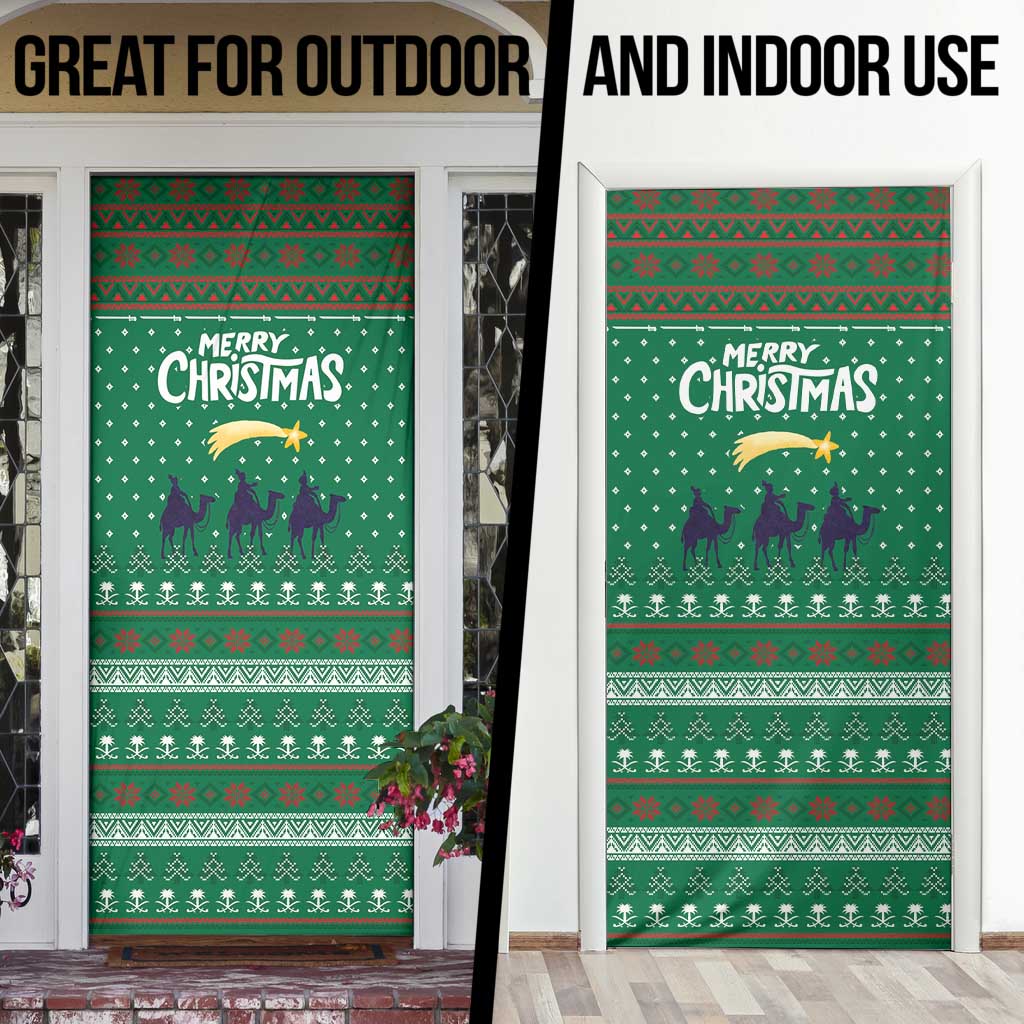 Saudi Arabia Christmas Door Cover with Green Pattern, Traditional Script Motif, and Camel Caravan Silhouette - Wonder Print Shop