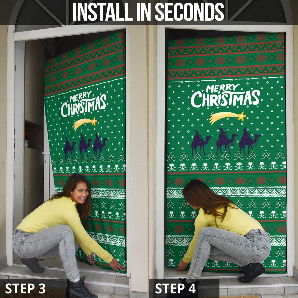 Saudi Arabia Christmas Door Cover with Green Pattern, Traditional Script Motif, and Camel Caravan Silhouette - Wonder Print Shop