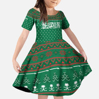 Saudi Arabia Christmas Family Matching Long Sleeve Bodycon Dress and Hawaiian Shirt with Green Pattern, Traditional Script Motif, and Camel Caravan Silhouette - Wonder Print Shop