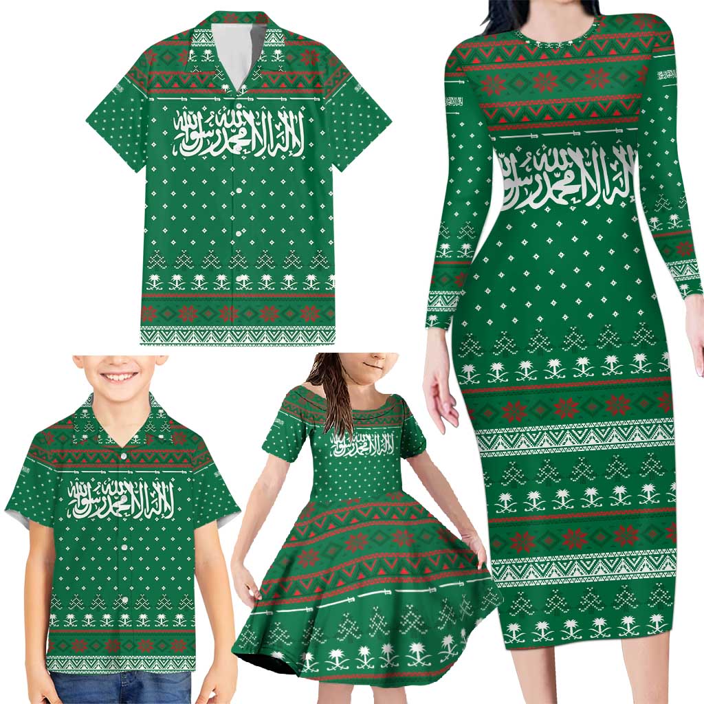 Saudi Arabia Christmas Family Matching Long Sleeve Bodycon Dress and Hawaiian Shirt with Green Pattern, Traditional Script Motif, and Camel Caravan Silhouette - Wonder Print Shop