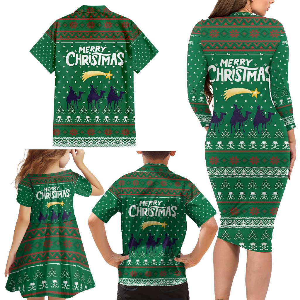 Saudi Arabia Christmas Family Matching Long Sleeve Bodycon Dress and Hawaiian Shirt with Green Pattern, Traditional Script Motif, and Camel Caravan Silhouette - Wonder Print Shop