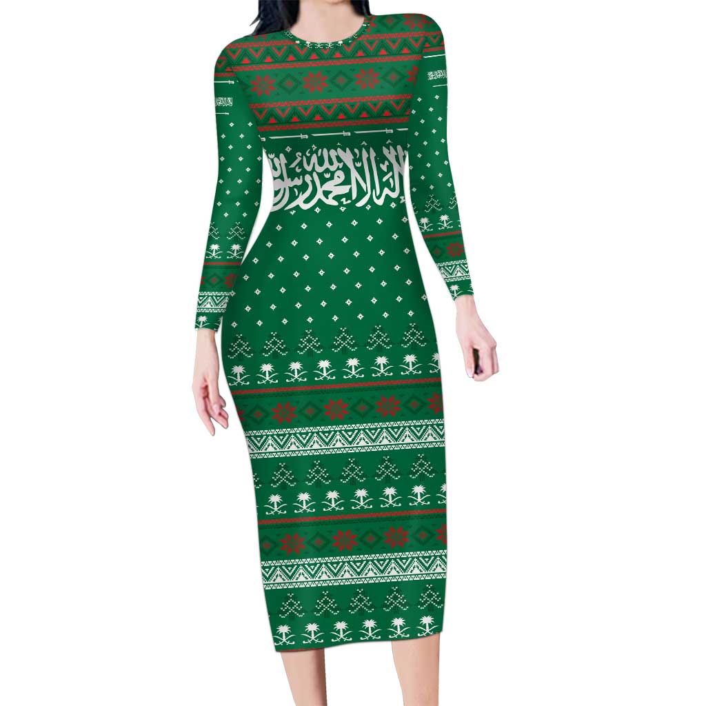 Saudi Arabia Christmas Family Matching Long Sleeve Bodycon Dress and Hawaiian Shirt with Green Pattern, Traditional Script Motif, and Camel Caravan Silhouette - Wonder Print Shop