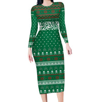 Saudi Arabia Christmas Family Matching Long Sleeve Bodycon Dress and Hawaiian Shirt with Green Pattern, Traditional Script Motif, and Camel Caravan Silhouette - Wonder Print Shop