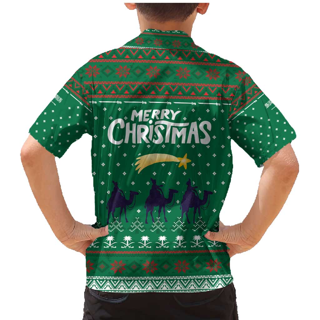 Saudi Arabia Christmas Family Matching Mermaid Dress and Hawaiian Shirt with Green Pattern, Traditional Script Motif, and Camel Caravan Silhouette - Wonder Print Shop