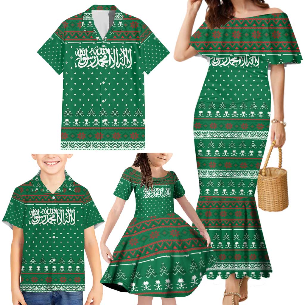 Saudi Arabia Christmas Family Matching Mermaid Dress and Hawaiian Shirt with Green Pattern, Traditional Script Motif, and Camel Caravan Silhouette - Wonder Print Shop