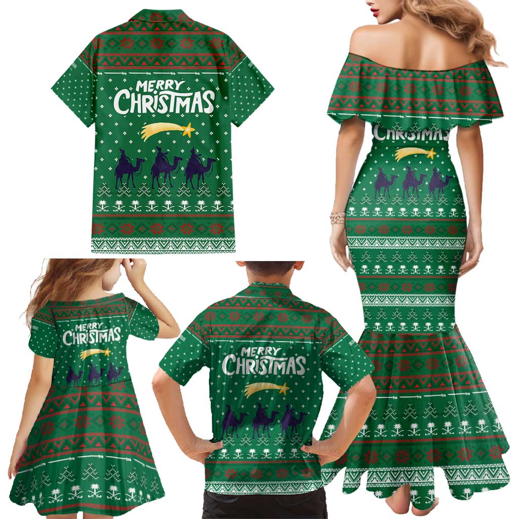 Saudi Arabia Christmas Family Matching Mermaid Dress and Hawaiian Shirt with Green Pattern, Traditional Script Motif, and Camel Caravan Silhouette - Wonder Print Shop