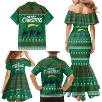 Saudi Arabia Christmas Family Matching Mermaid Dress and Hawaiian Shirt with Green Pattern, Traditional Script Motif, and Camel Caravan Silhouette - Wonder Print Shop
