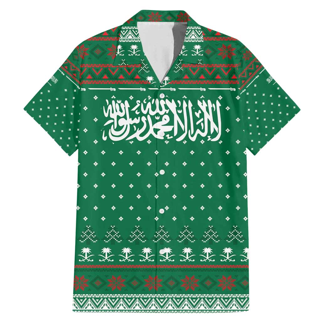 Saudi Arabia Christmas Family Matching Mermaid Dress and Hawaiian Shirt with Green Pattern, Traditional Script Motif, and Camel Caravan Silhouette - Wonder Print Shop