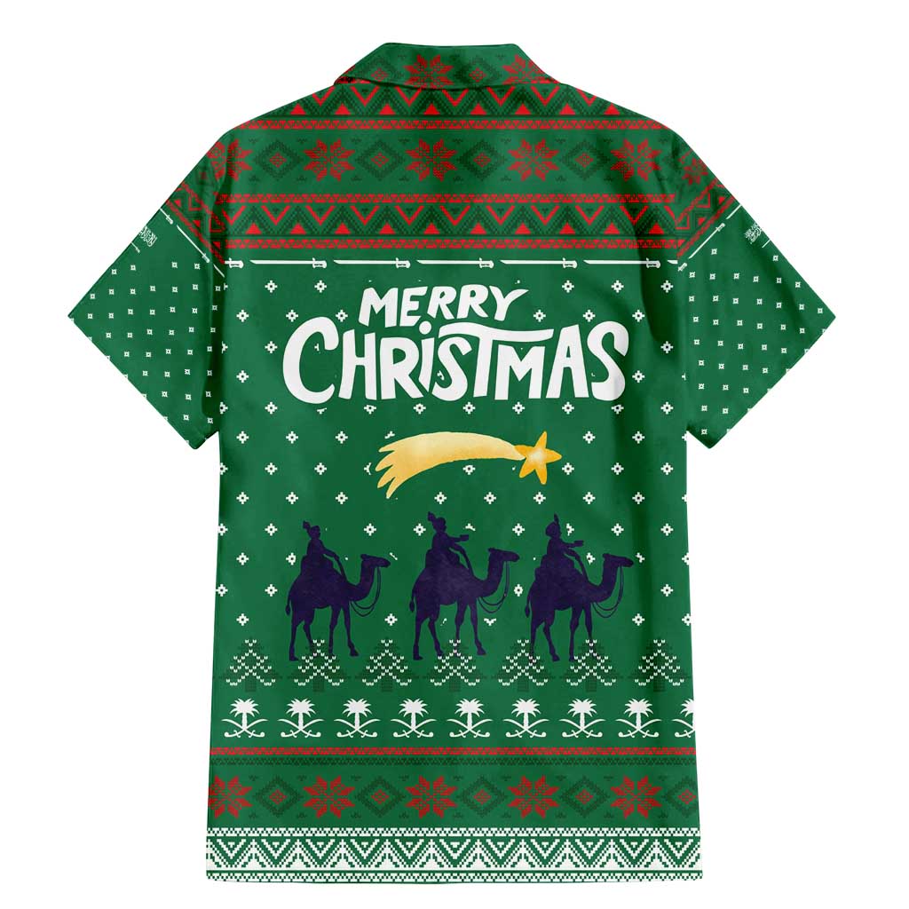 Saudi Arabia Christmas Family Matching Mermaid Dress and Hawaiian Shirt with Green Pattern, Traditional Script Motif, and Camel Caravan Silhouette - Wonder Print Shop