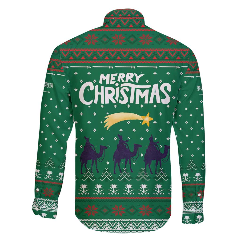 Saudi Arabia Christmas Family Matching Mermaid Dress and Hawaiian Shirt with Green Pattern, Traditional Script Motif, and Camel Caravan Silhouette - Wonder Print Shop