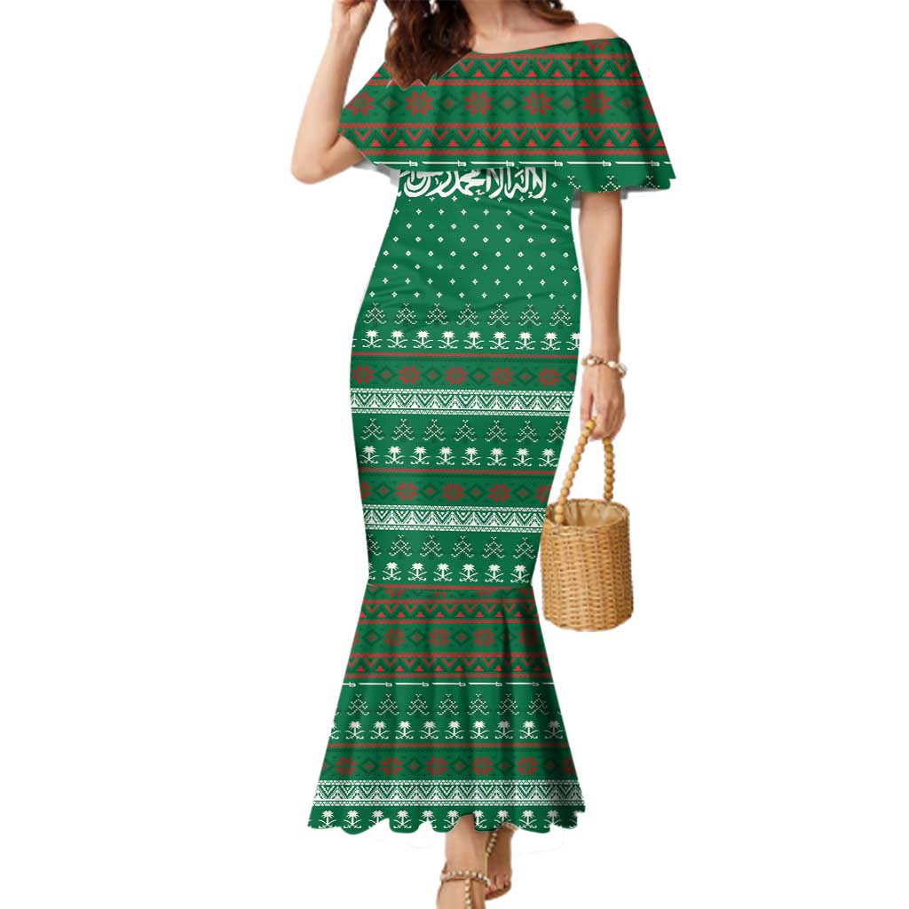 Saudi Arabia Christmas Family Matching Mermaid Dress and Hawaiian Shirt with Green Pattern, Traditional Script Motif, and Camel Caravan Silhouette - Wonder Print Shop