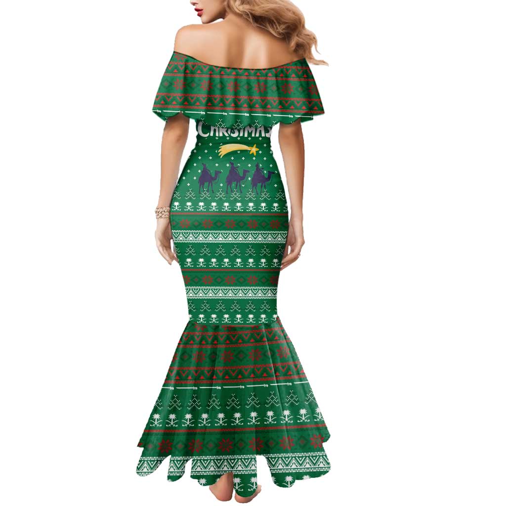 Saudi Arabia Christmas Family Matching Mermaid Dress and Hawaiian Shirt with Green Pattern, Traditional Script Motif, and Camel Caravan Silhouette - Wonder Print Shop