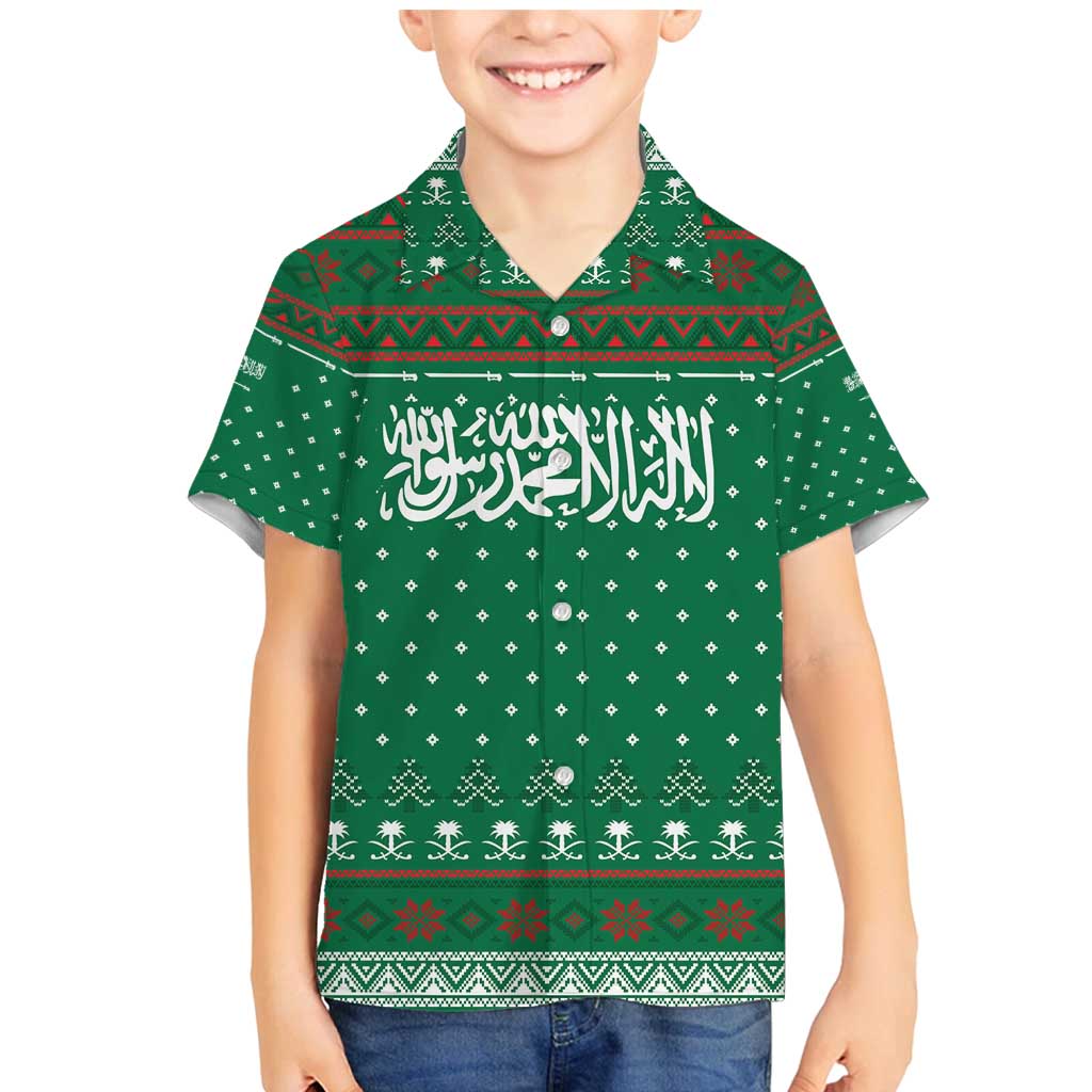 Saudi Arabia Christmas Family Matching Mermaid Dress and Hawaiian Shirt with Green Pattern, Traditional Script Motif, and Camel Caravan Silhouette - Wonder Print Shop