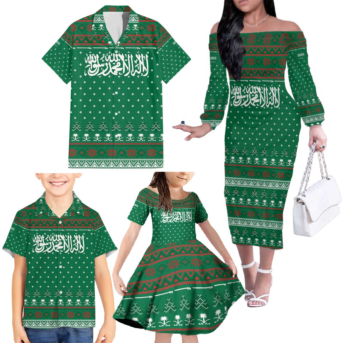 Saudi Arabia Christmas Family Matching Off The Shoulder Long Sleeve Dress and Hawaiian Shirt with Green Pattern, Traditional Script Motif, and Camel Caravan Silhouette - Wonder Print Shop