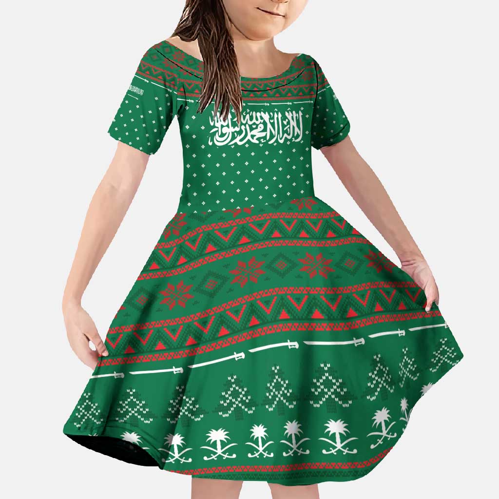 Saudi Arabia Christmas Family Matching Off Shoulder Maxi Dress and Hawaiian Shirt with Green Pattern, Traditional Script Motif, and Camel Caravan Silhouette - Wonder Print Shop
