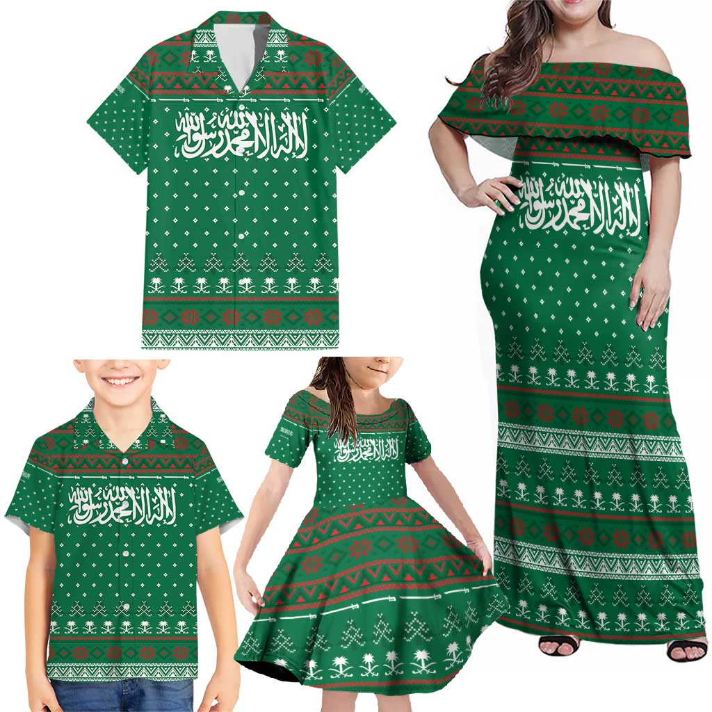 Saudi Arabia Christmas Family Matching Off Shoulder Maxi Dress and Hawaiian Shirt with Green Pattern, Traditional Script Motif, and Camel Caravan Silhouette - Wonder Print Shop