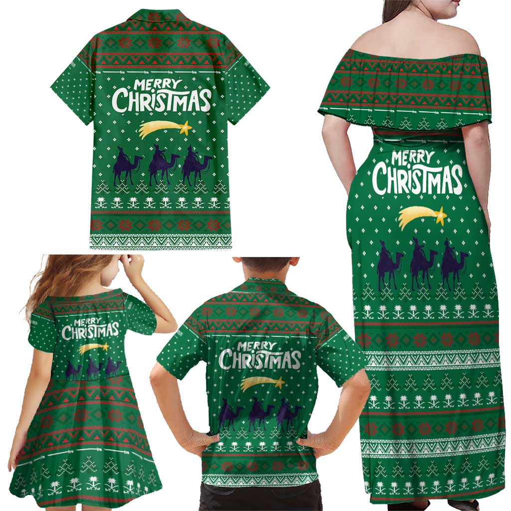 Saudi Arabia Christmas Family Matching Off Shoulder Maxi Dress and Hawaiian Shirt with Green Pattern, Traditional Script Motif, and Camel Caravan Silhouette - Wonder Print Shop