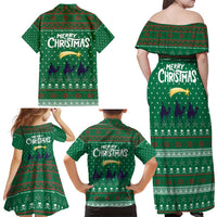 Saudi Arabia Christmas Family Matching Off Shoulder Maxi Dress and Hawaiian Shirt with Green Pattern, Traditional Script Motif, and Camel Caravan Silhouette - Wonder Print Shop