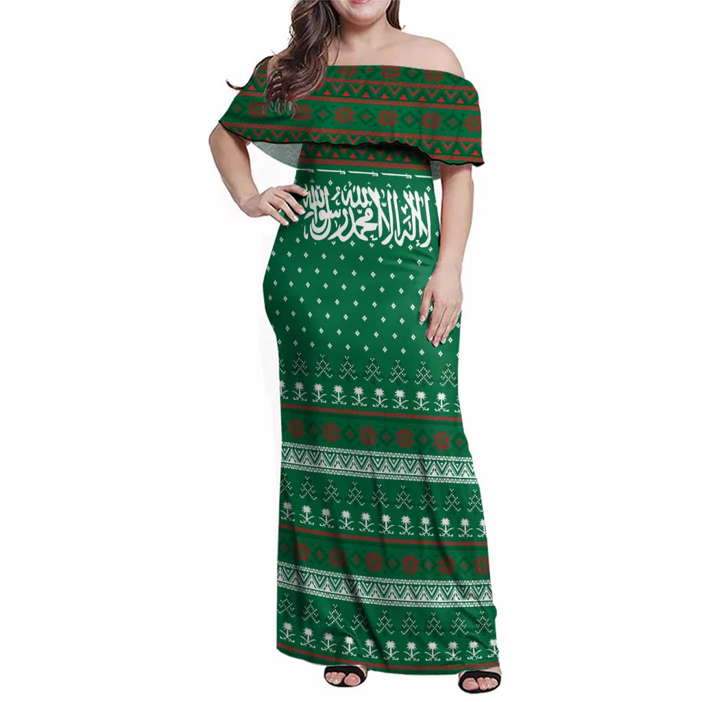Saudi Arabia Christmas Family Matching Off Shoulder Maxi Dress and Hawaiian Shirt with Green Pattern, Traditional Script Motif, and Camel Caravan Silhouette - Wonder Print Shop