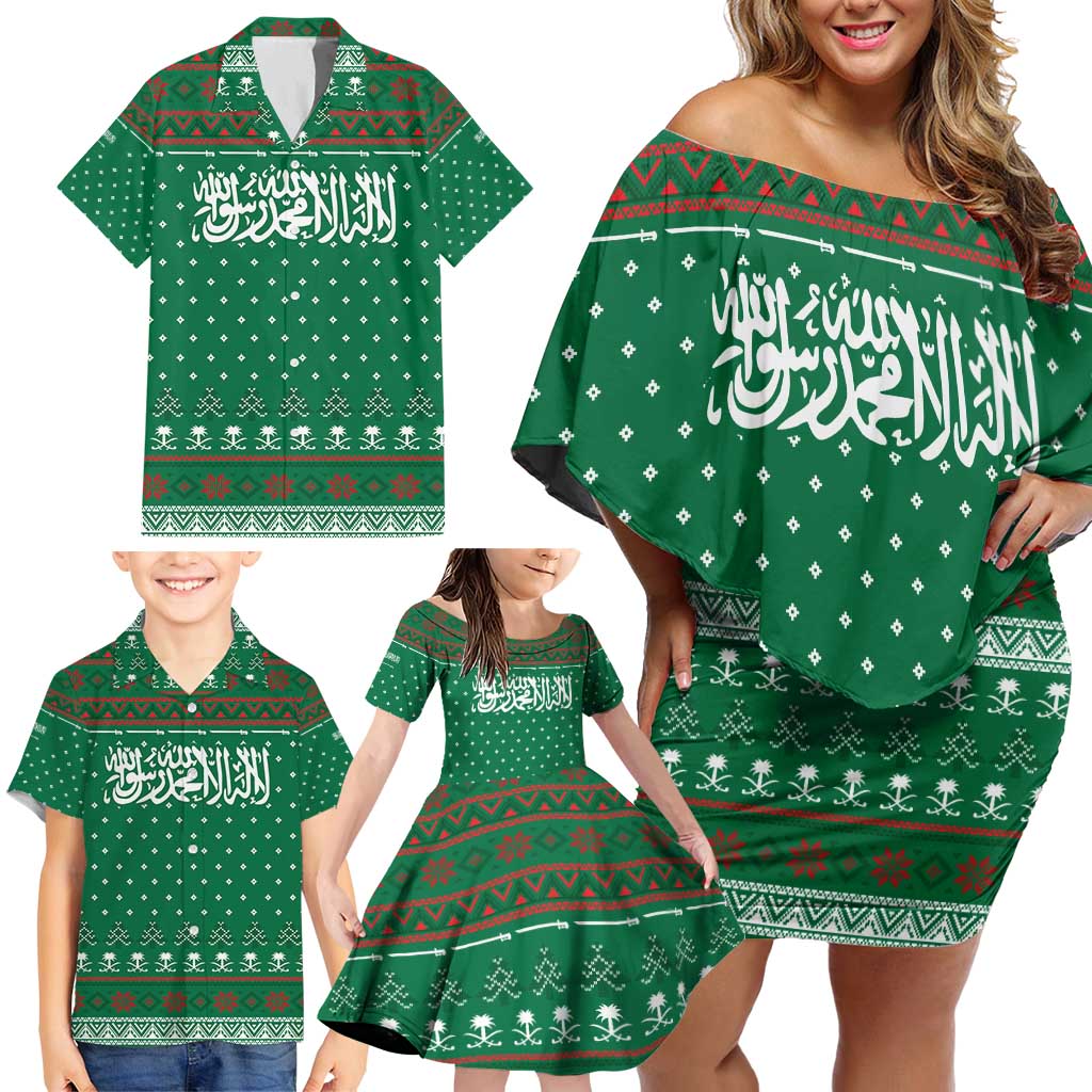 Saudi Arabia Christmas Family Matching Off Shoulder Short Dress and Hawaiian Shirt with Green Pattern, Traditional Script Motif, and Camel Caravan Silhouette - Wonder Print Shop