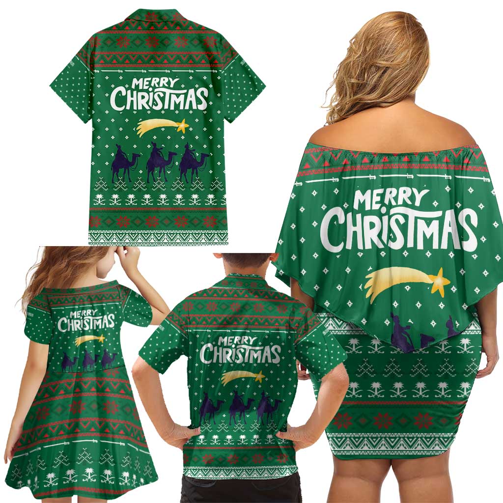 Saudi Arabia Christmas Family Matching Off Shoulder Short Dress and Hawaiian Shirt with Green Pattern, Traditional Script Motif, and Camel Caravan Silhouette - Wonder Print Shop