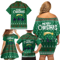 Saudi Arabia Christmas Family Matching Off Shoulder Short Dress and Hawaiian Shirt with Green Pattern, Traditional Script Motif, and Camel Caravan Silhouette - Wonder Print Shop