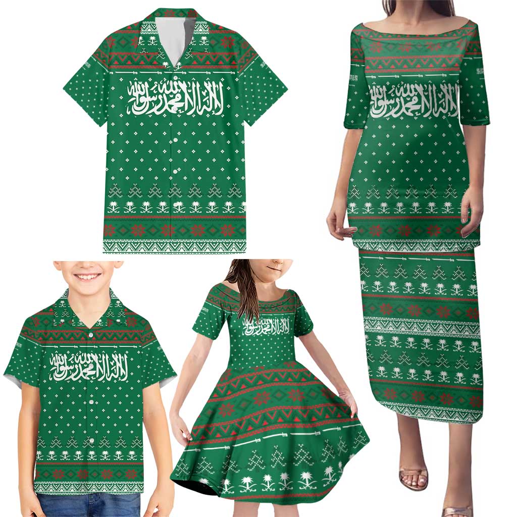 Saudi Arabia Christmas Family Matching Puletasi and Hawaiian Shirt with Green Pattern, Traditional Script Motif, and Camel Caravan Silhouette - Wonder Print Shop