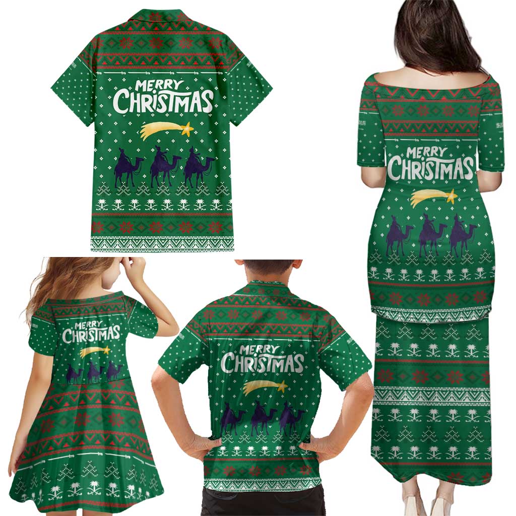 Saudi Arabia Christmas Family Matching Puletasi and Hawaiian Shirt with Green Pattern, Traditional Script Motif, and Camel Caravan Silhouette - Wonder Print Shop