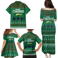 Saudi Arabia Christmas Family Matching Puletasi and Hawaiian Shirt with Green Pattern, Traditional Script Motif, and Camel Caravan Silhouette - Wonder Print Shop