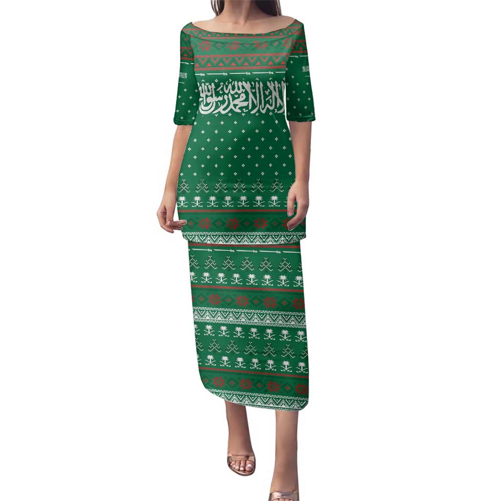 Saudi Arabia Christmas Family Matching Puletasi and Hawaiian Shirt with Green Pattern, Traditional Script Motif, and Camel Caravan Silhouette - Wonder Print Shop